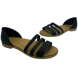 Crocs Tulum Open Flat Sandal Women US 7 Strappy Slip On Comfort Shoe Black Tan